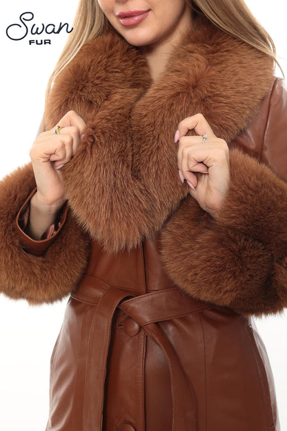 Brown Lambskin Leather Coat, Removable Fox Fur Collar Cuffs, Belted Winter Outerwear