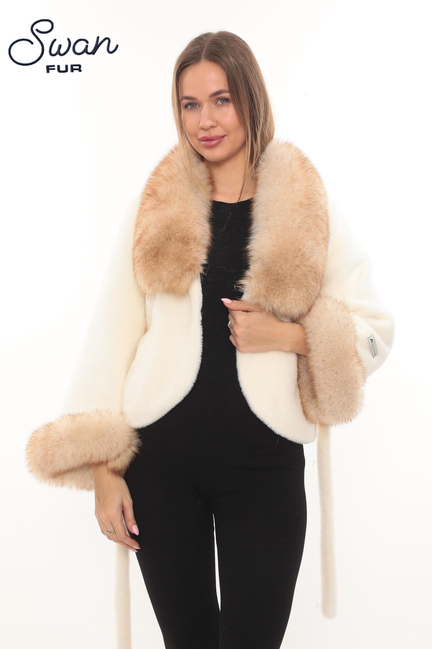 Beige Alcantara Short Jacket with Fox Fur Collar & Cuffs – Belted Luxury Winter Coat