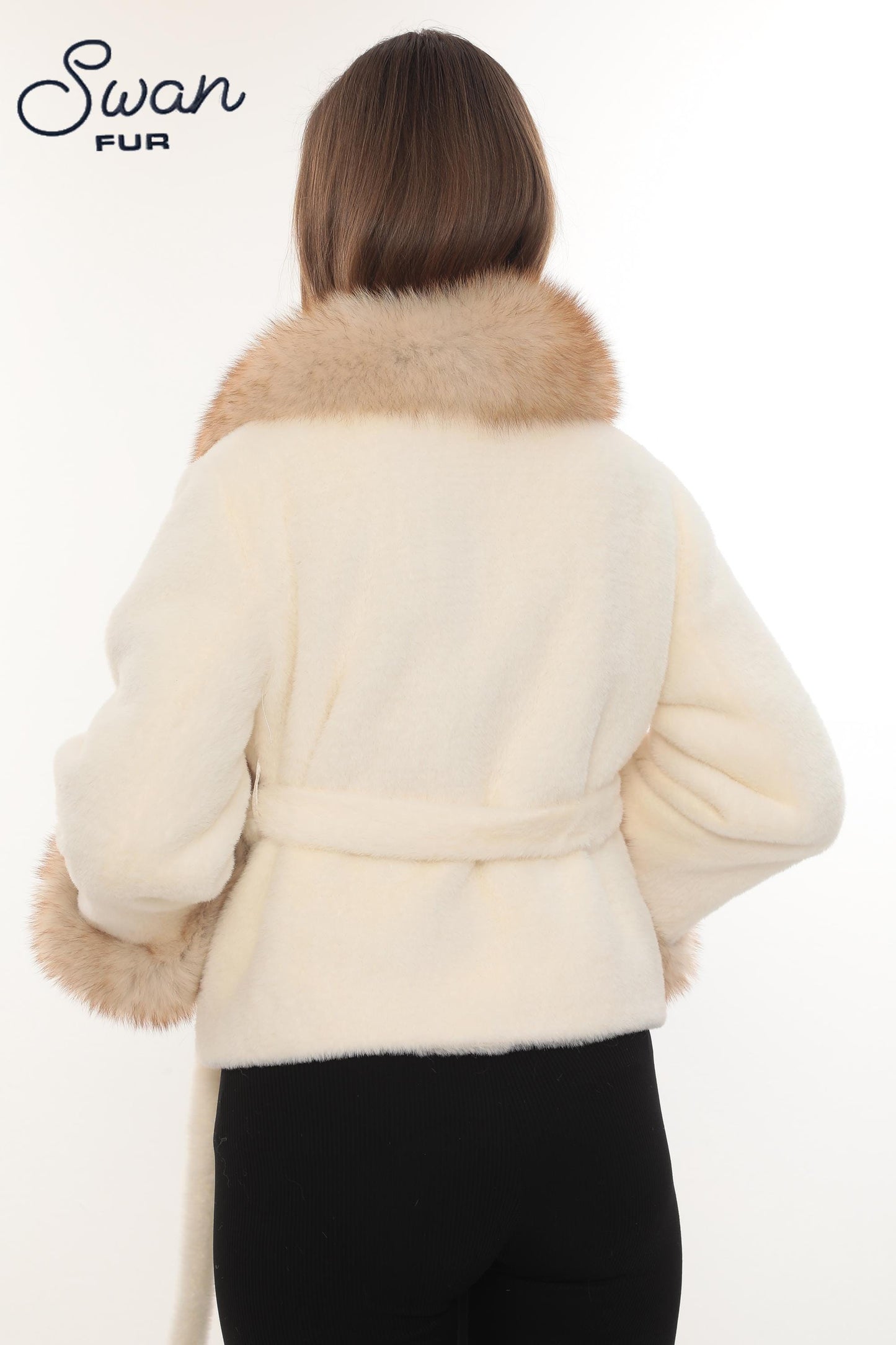 Beige Alcantara Short Jacket with Fox Fur Collar & Cuffs – Belted Luxury Winter Coat