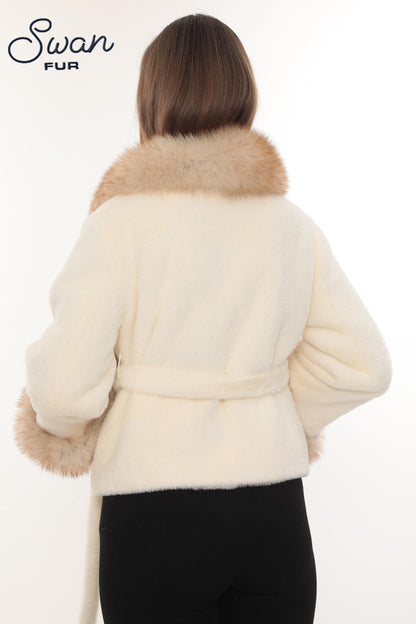 Beige Alcantara Short Jacket with Fox Fur Collar & Cuffs – Belted Luxury Winter Coat