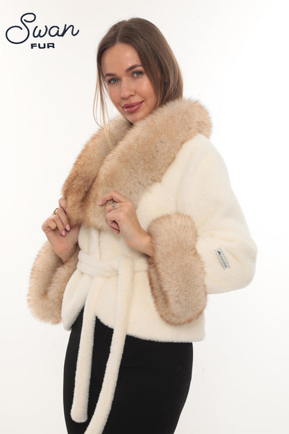 Beige Alcantara Short Jacket with Fox Fur Collar & Cuffs – Belted Luxury Winter Coat