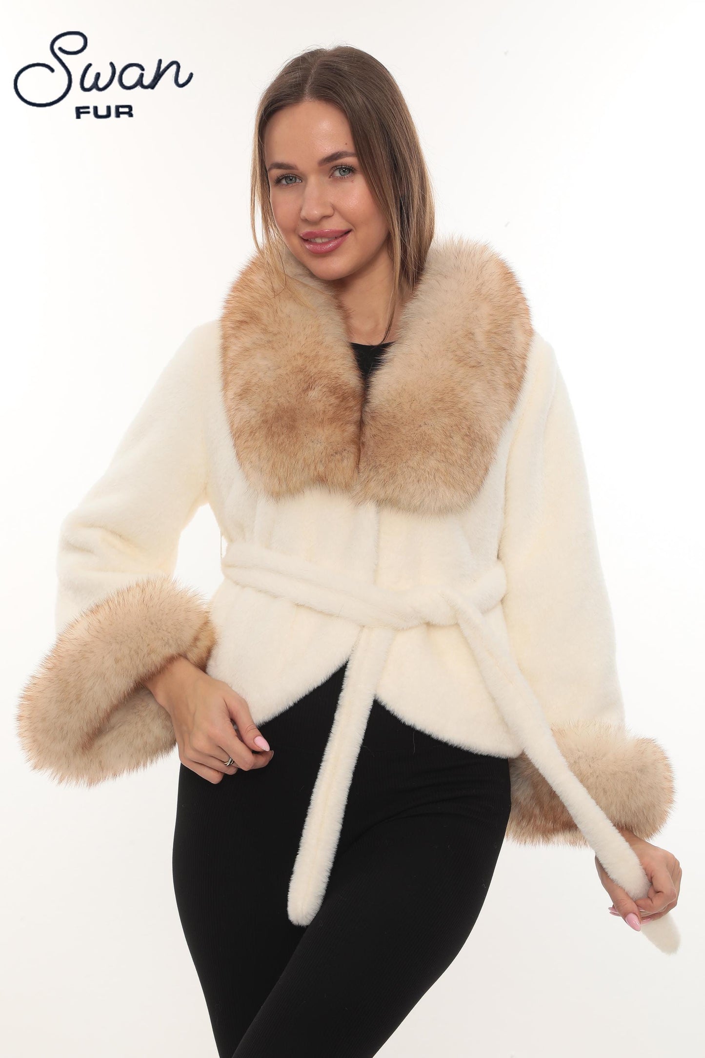 Beige Alcantara Short Jacket with Fox Fur Collar & Cuffs – Belted Luxury Winter Coat