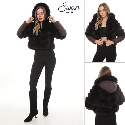 Genuine Fox Fur Hooded Jacket, Detachable Sleeves, Satin Lined Short Coat