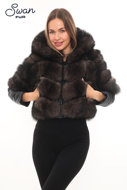 Genuine Fox Fur  Jacket, Detachable Fabric Sleeves, Satin Lined Coat