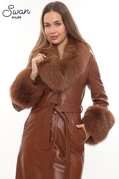 Brown Lambskin Leather Coat, Removable Fox Fur Collar Cuffs, Belted Winter Outerwear