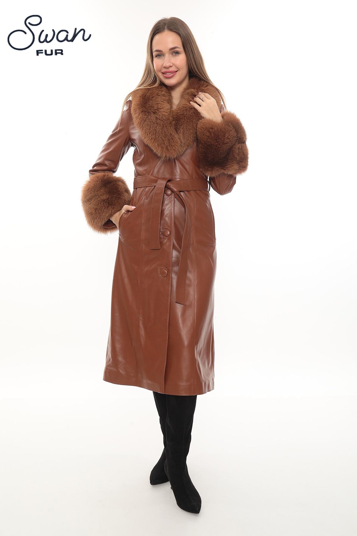 Brown Lambskin Leather Coat, Removable Fox Fur Collar Cuffs, Belted Winter Outerwear