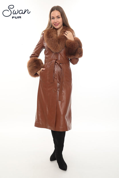 Brown Lambskin Leather Coat, Removable Fox Fur Collar Cuffs, Belted Winter Outerwear