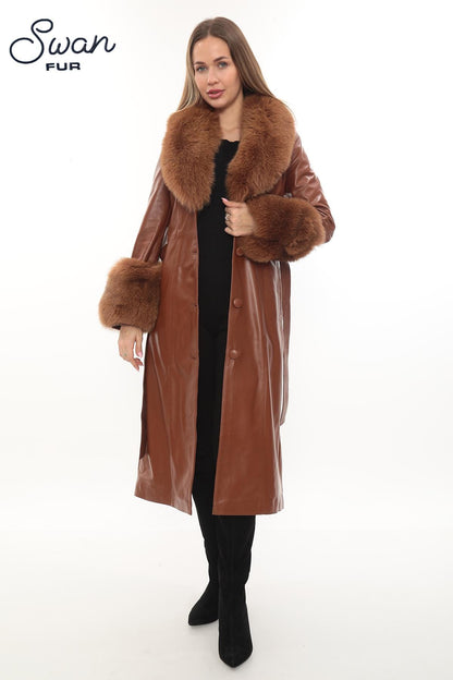 Brown Lambskin Leather Coat, Removable Fox Fur Collar Cuffs, Belted Winter Outerwear