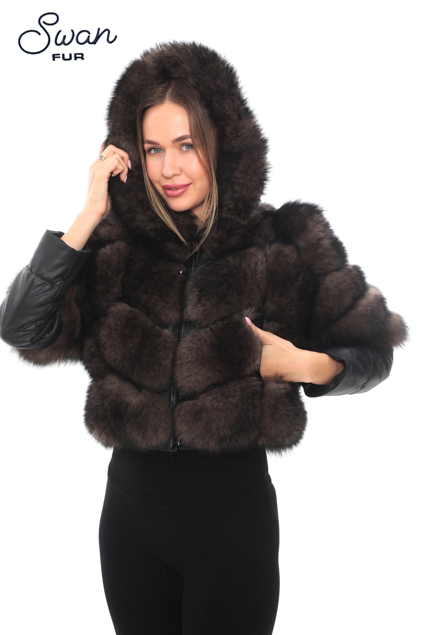 Genuine Fox Fur  Jacket, Detachable Fabric Sleeves, Satin Lined Coat