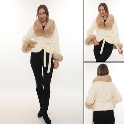Beige Alcantara Short Jacket with Fox Fur Collar & Cuffs – Belted Luxury Winter Coat