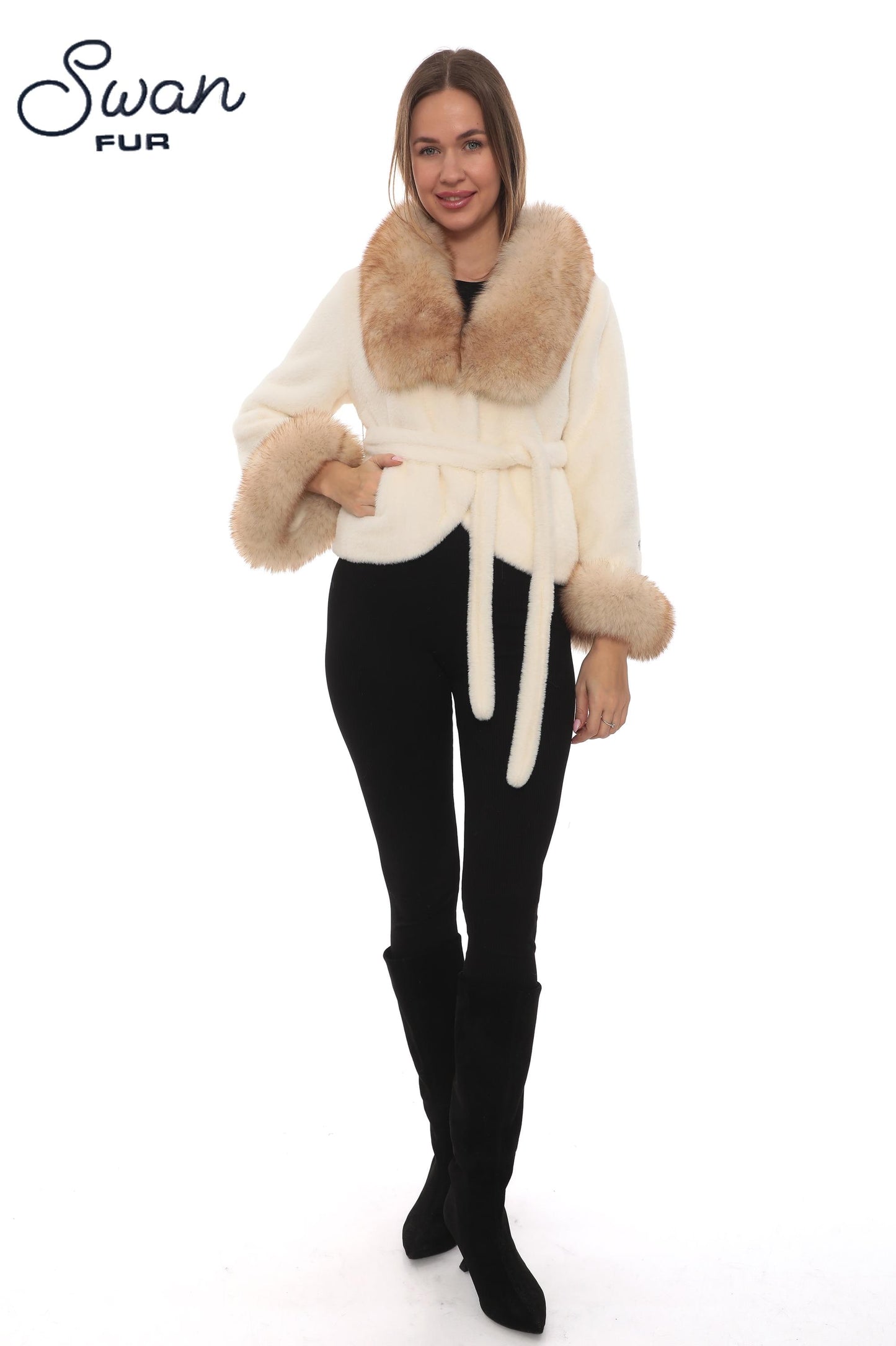 Beige Alcantara Short Jacket with Fox Fur Collar & Cuffs – Belted Luxury Winter Coat