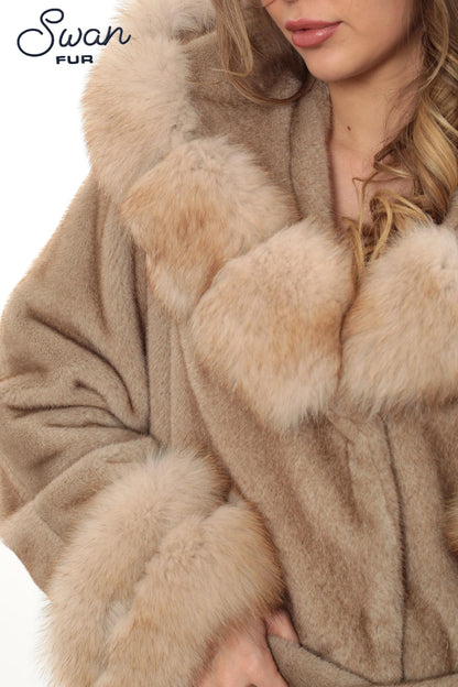 Light Brown Alcantara Faux Fur Coat with Fox Fur Collar, Belted Women's Winter Luxury