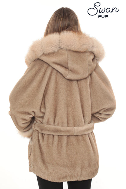 Light Brown Alcantara Faux Fur Coat with Fox Fur Collar, Belted Women's Winter Luxury