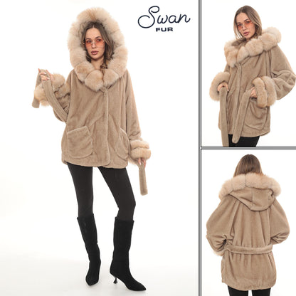 Light Brown Alcantara Faux Fur Coat with Fox Fur Collar, Belted Women's Winter Luxury