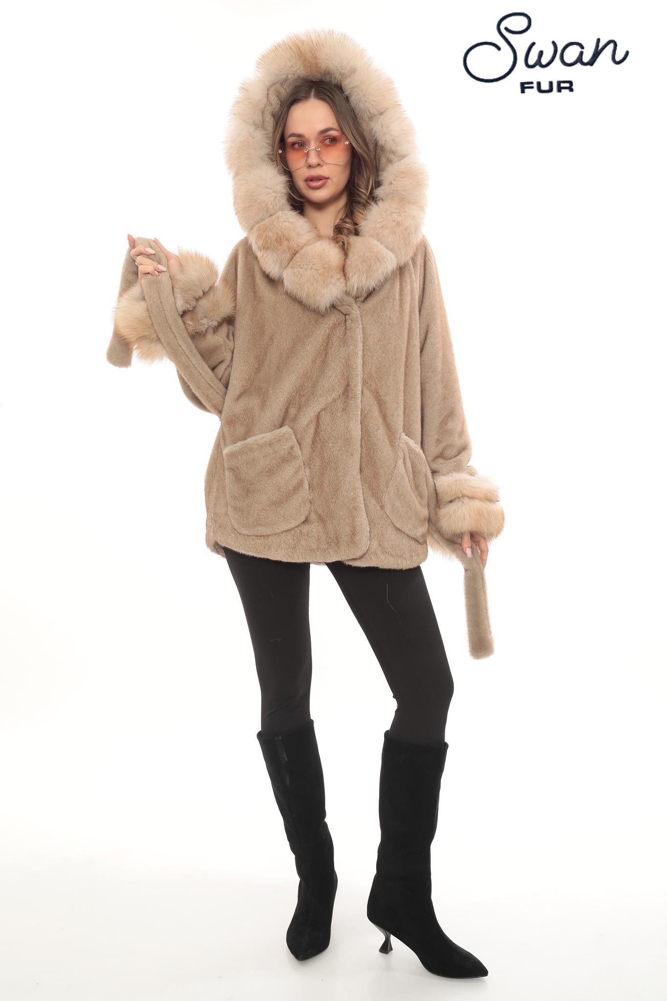 Light Brown Alcantara Faux Fur Coat with Fox Fur Collar, Belted Women's Winter Luxury