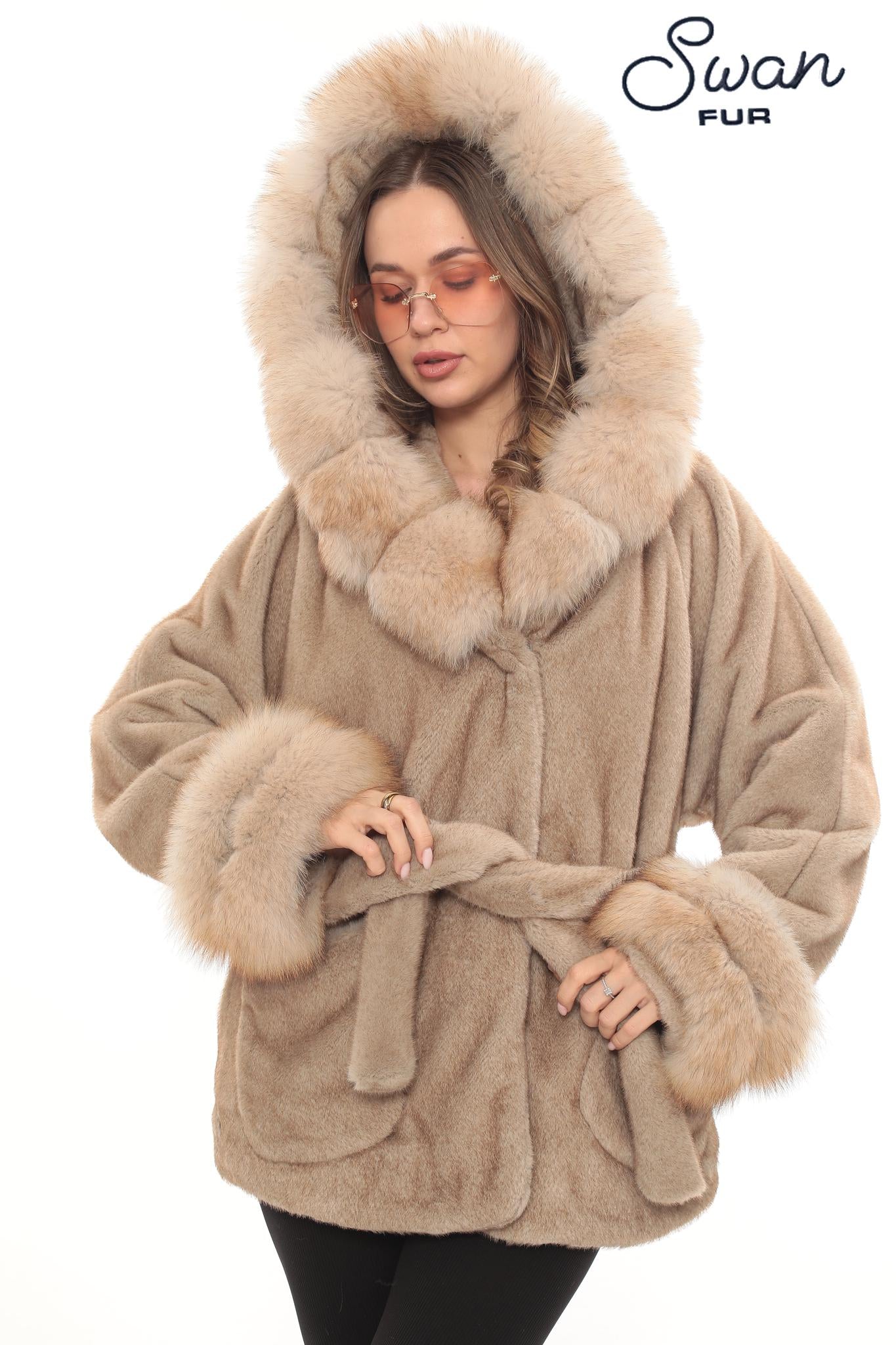 Light Brown Alcantara Faux Fur Coat with Fox Fur Collar, Belted Women's Winter Luxury