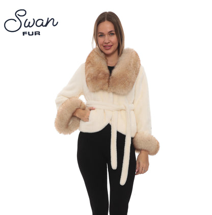 Beige Alcantara Short Jacket with Fox Fur Collar & Cuffs – Belted Luxury Winter Coat