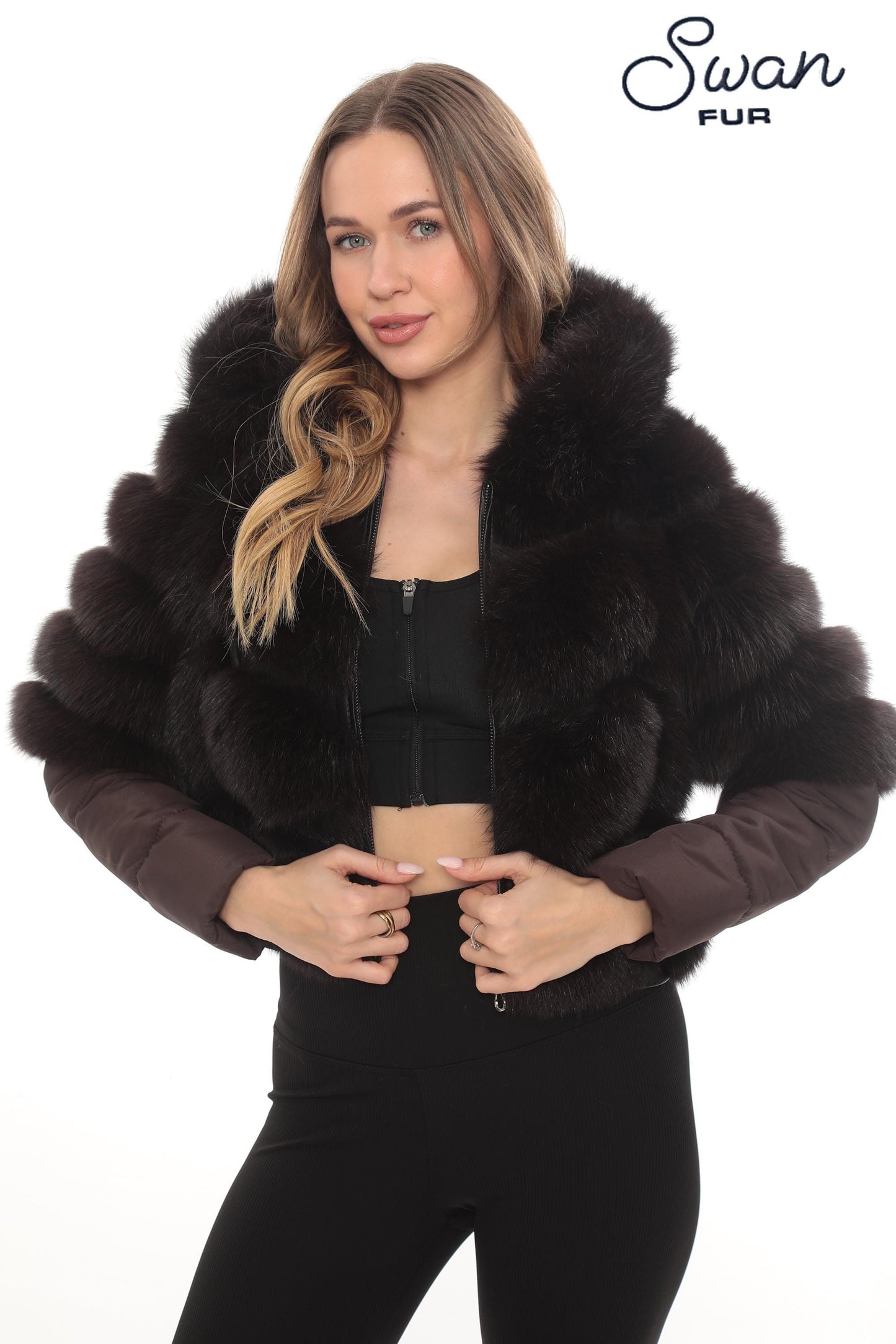 Genuine Fox Fur Hooded Jacket, Detachable Sleeves, Satin Lined Short Coat