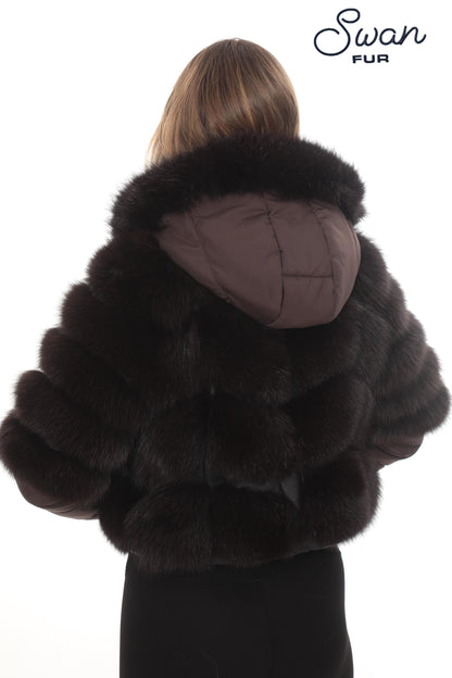 Genuine Fox Fur Hooded Jacket, Detachable Sleeves, Satin Lined Short Coat