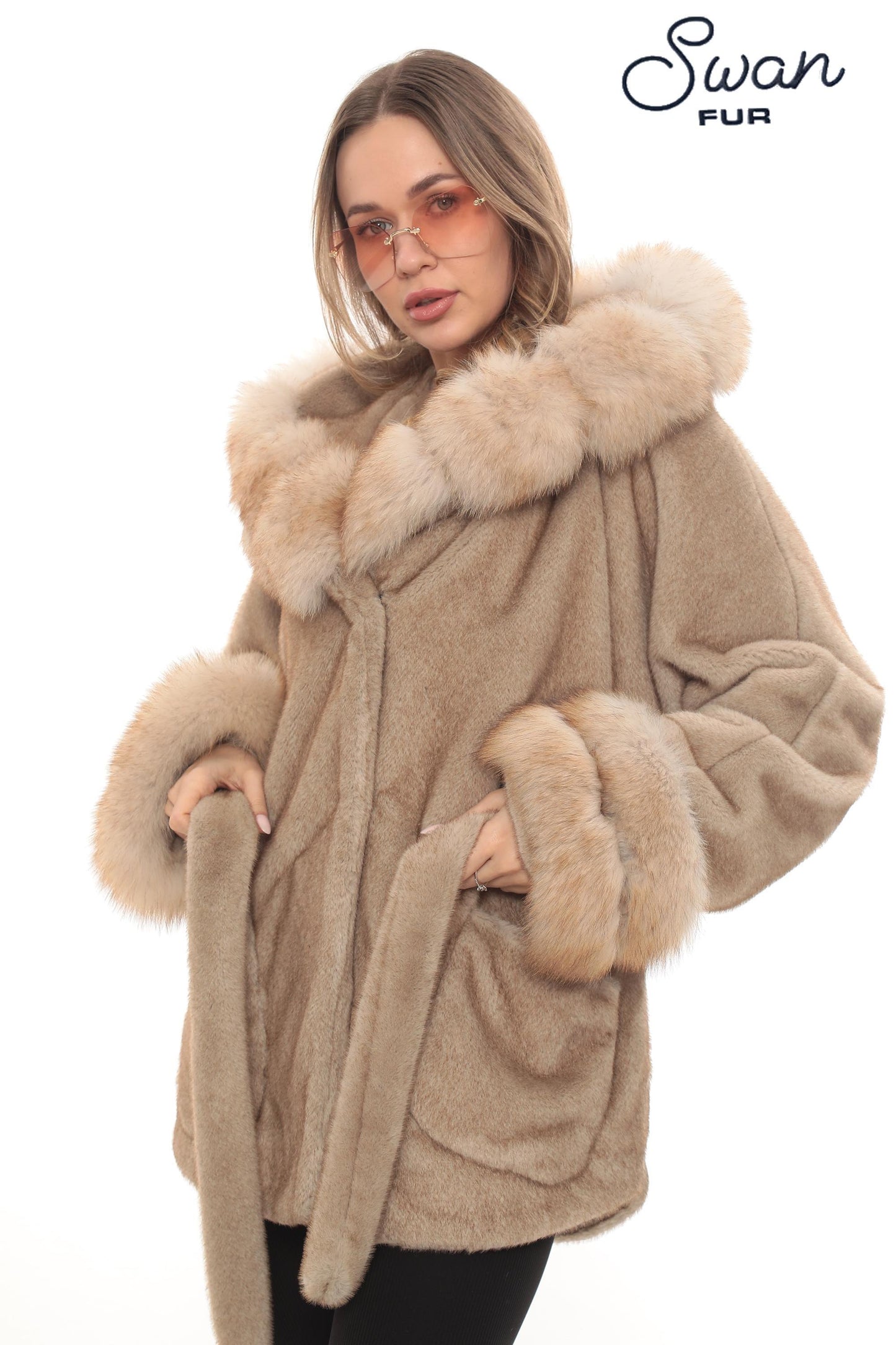 Light Brown Alcantara Faux Fur Coat with Fox Fur Collar, Belted Women's Winter Luxury