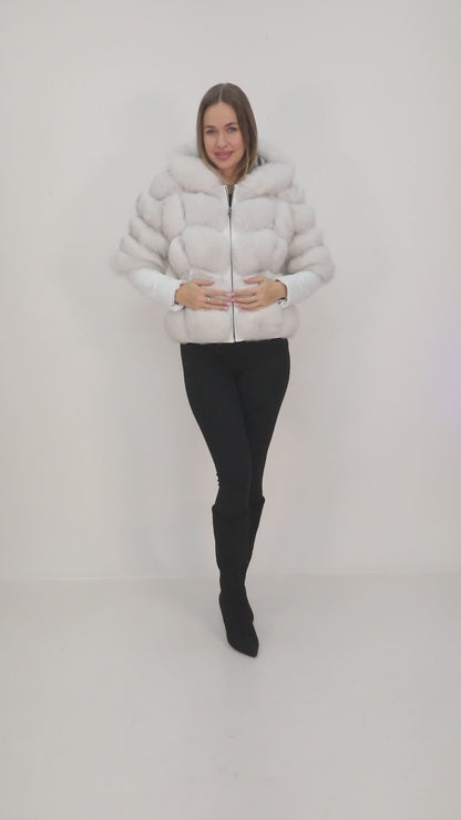 White Fox Fur Hooded Leather Jacket