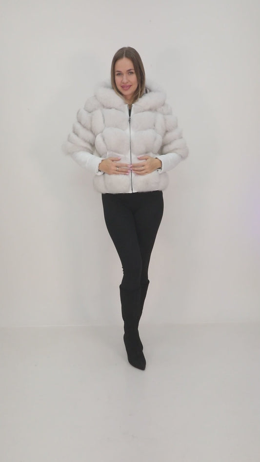 White Fox Fur Hooded Leather Jacket