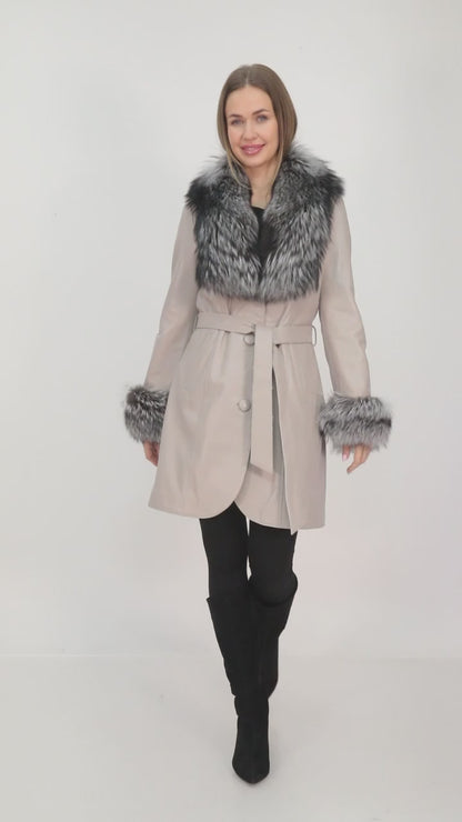 Beige Genuine Leather Coat with Natural Silver Fox Fur Collar & Cuffs