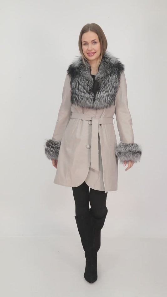 Beige Genuine Leather Coat with Natural Silver Fox Fur Collar & Cuffs