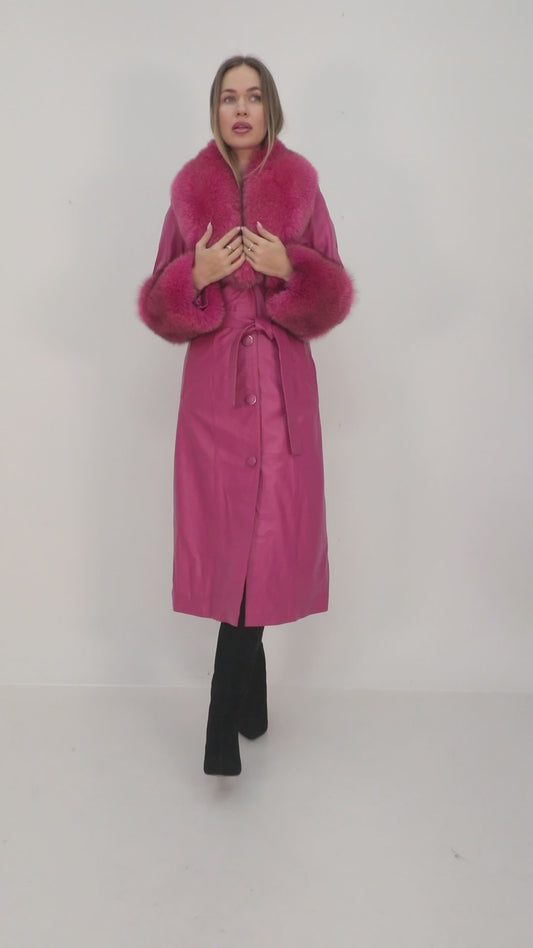 Fuchsia Fox Fur Collar Leather Coat
