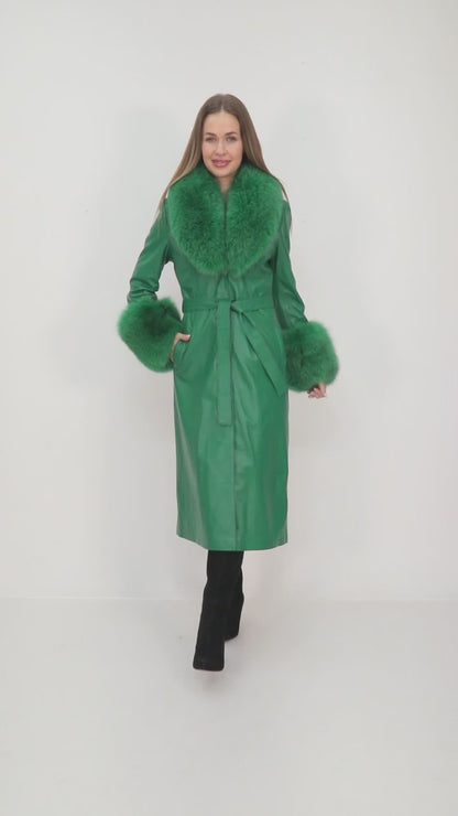 Green Leather Coat with Fox Fur Collar & Cuffs