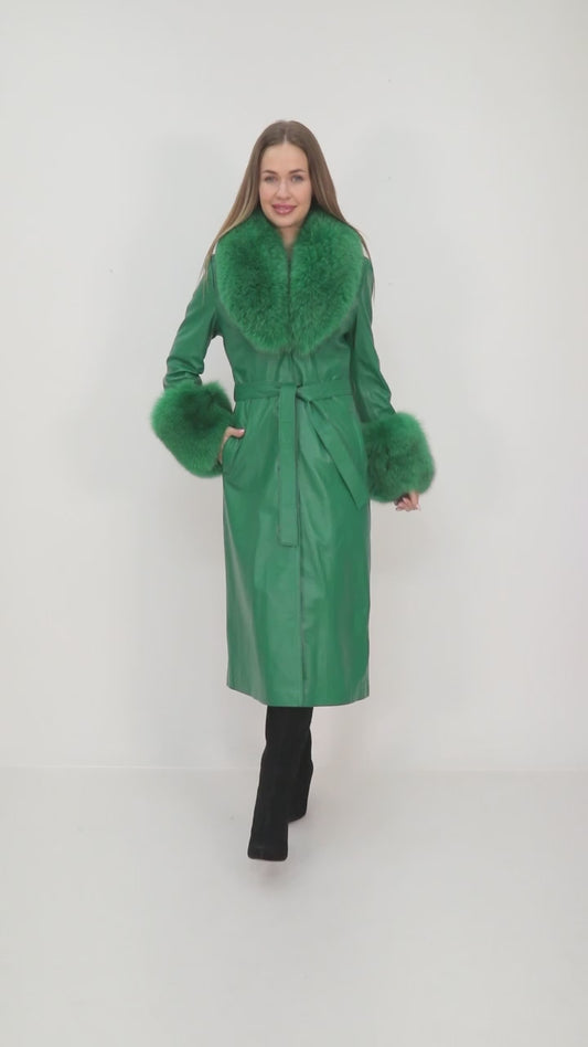 Green Leather Coat with Fox Fur Collar & Cuffs