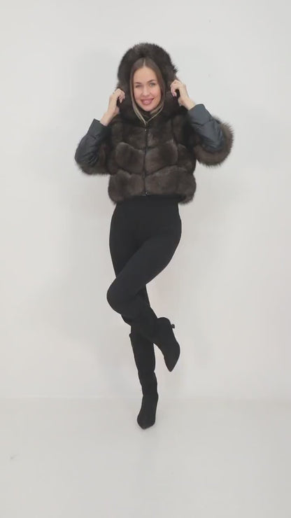 Genuine Fox Fur  Jacket, Detachable Fabric Sleeves, Satin Lined Coat