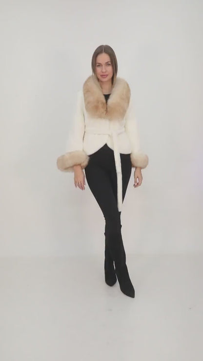 Beige Alcantara Short Jacket with Fox Fur Collar & Cuffs – Belted Luxury Winter Coat