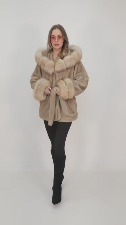 Light Brown Alcantara Faux Fur Coat with Fox Fur Collar, Belted Women's Winter Luxury
